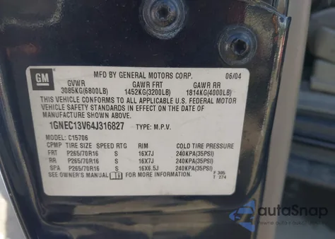 2004 Chevrolet Tahoe Ls z USA, uszkodzony, nr VIN 1GNEC13V64J316827